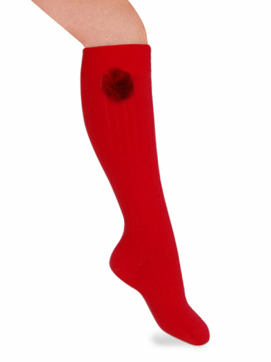 Calcetines altos canalé con pompón Rojo Red