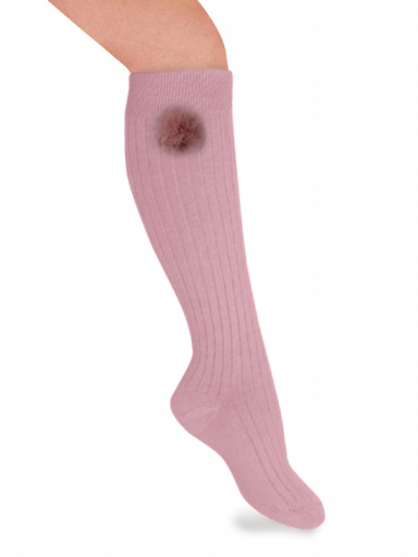 Calcetines altos canalé con pompón Rosa Palo Rosewood