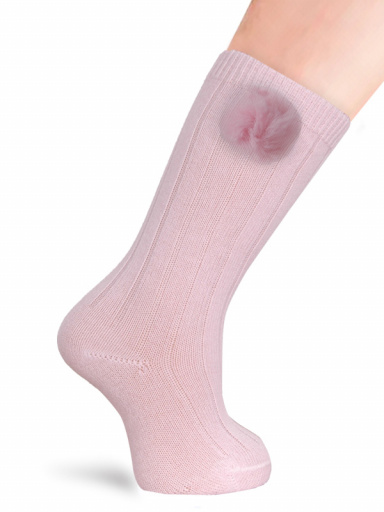 Calcetines altos canalé con pompón Rosa Pink