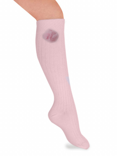 Calcetines altos canalé con pompón Rosa Pink