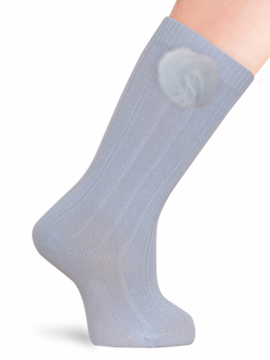 Calcetines altos canalé con pompón Azul Bebe Babyblue