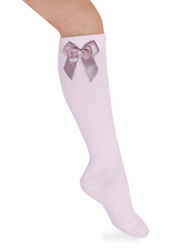 Calcetines altos lisos con lazo de raso doble Rosa Pink