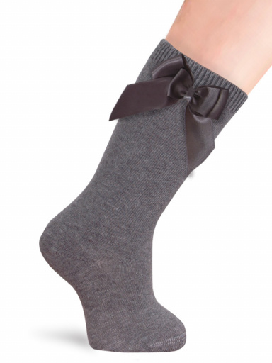 Calcetines altos lisos con lazo de raso doble Gris Grey