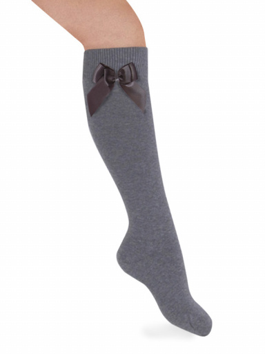 Calcetines altos lisos con lazo de raso doble Gris Grey