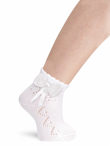 Calcetines cortos perlé calado con lazo de encaje Blanco White