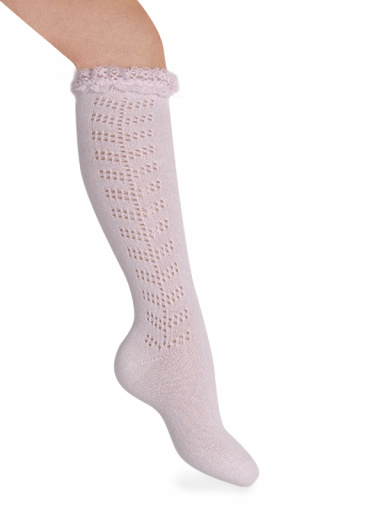 Calcetines altos calados espiga con puntilla Rosa Pink