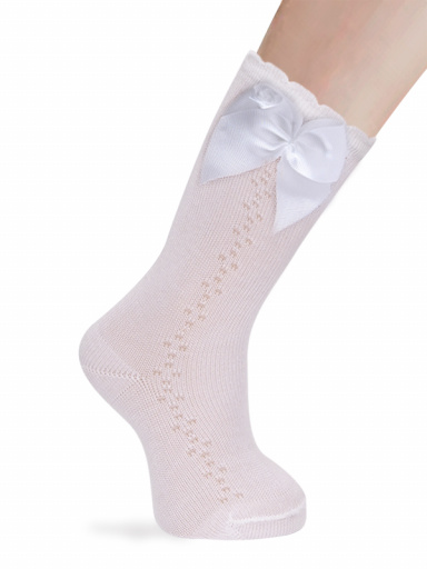 Calcetines altos calados lateral con lazo con rosa Blanco White