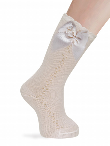 Calcetines altos calados lateral con lazo con rosa Marfil Ivory