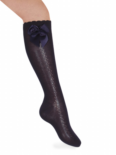 Calcetines altos calados lateral con lazo con rosa Marino Navyblue