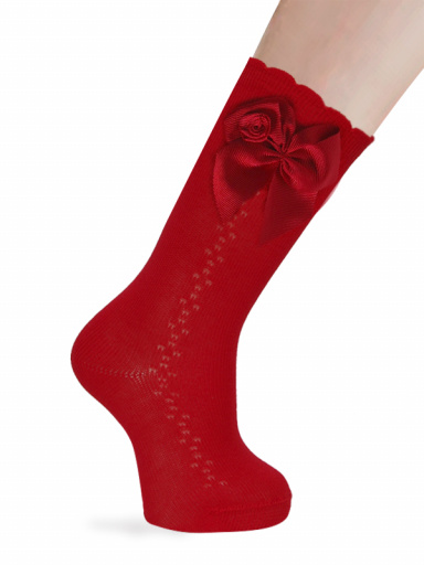 Calcetines altos calados lateral con lazo con rosa Rojo Red