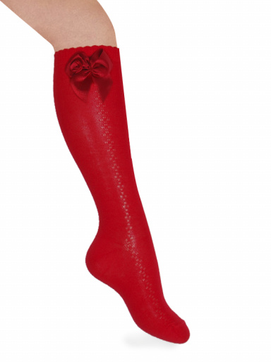 Calcetines altos calados lateral con lazo con rosa Rojo Red