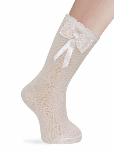 Calcetines altos calados lateral con lazo de encaje Marfil Ivory