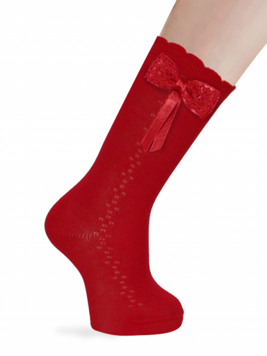 Calcetines altos calados lateral con lazo de encaje Rojo Red