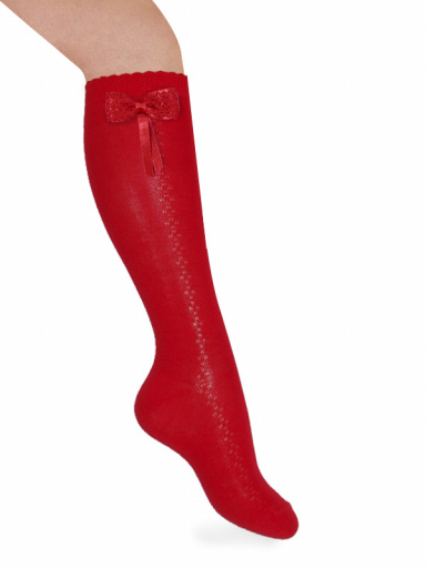 Calcetines altos calados lateral con lazo de encaje Rojo Red