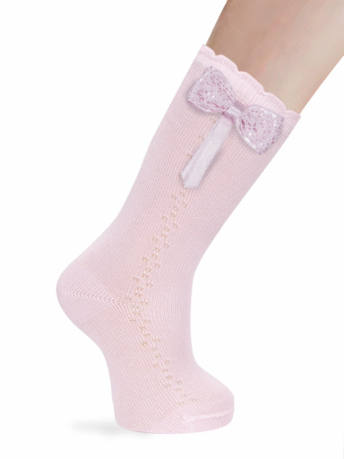 Calcetines altos calados lateral con lazo de encaje Rosa Pink