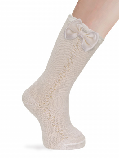 Calcetines altos calados lateral con lazo Marfil Ivory