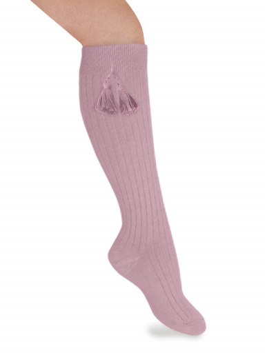 Calcetines altos canalé con borlas Rosa Palo Rosewood