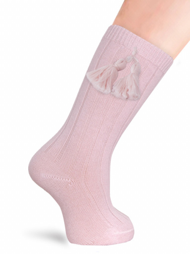 Calcetines altos canalé con borlas Rosa Pink