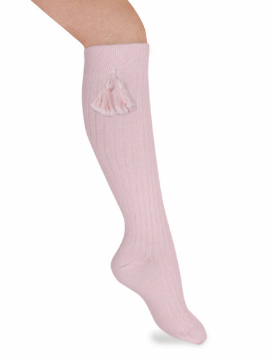 Calcetines altos canalé con borlas Rosa Pink