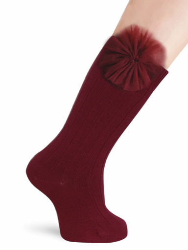 Calcetines Altos Canalé con flor de tul Granate Maroon