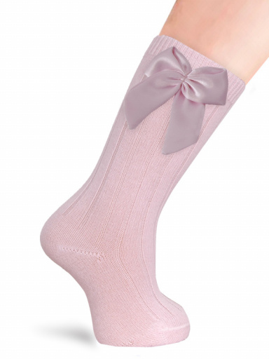 Calcetines altos canalé con lazo de raso con volumen Rosa Pink