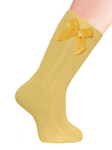Calcetines altos canalé con lazo de raso con volumen Mostaza Mustard