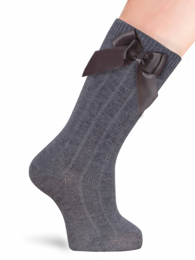 Calcetines altos canalé con lazo de raso doble Gris Grey