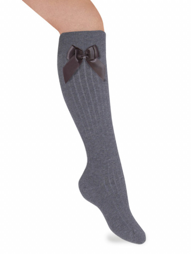 Calcetines altos canalé con lazo de raso doble Gris Grey