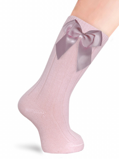 Calcetines altos canalé con lazo de raso doble Rosa Pink