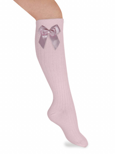 Calcetines altos canalé con lazo de raso doble Rosa Pink