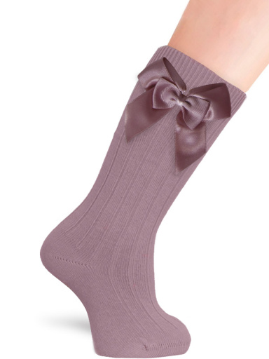 Calcetines altos canalé con lazo de raso doble Rosa Palo Rosewood