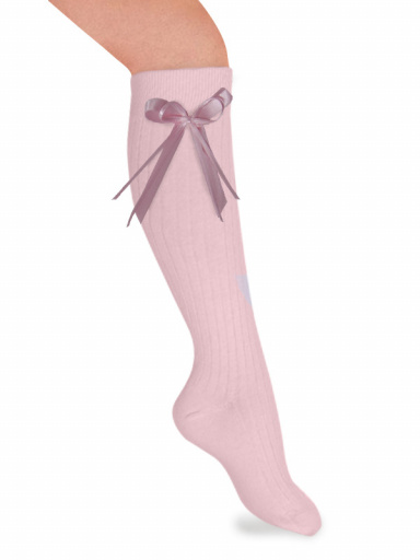 Calcetines altos canalé con lazo de raso fino Rosa Pink