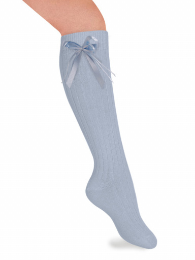 Calcetines altos canalé con lazo de raso fino Azul Bebe Babyblue