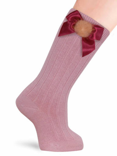 Calcetines altos canalé con lazo de raso y pompón Rosa Pastel Pinkpie