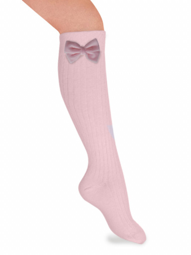 Calcetines altos canalé con lazo de terciopelo Rosa Pink