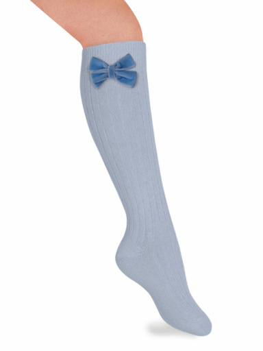 Calcetines altos canalé con lazo de terciopelo Azul Bebe Babyblue