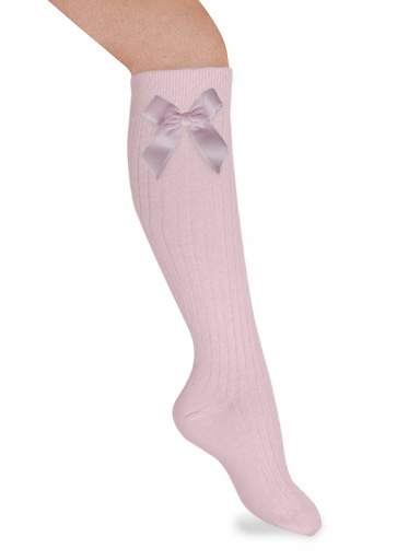 Calcetines altos canalé con lazo de terciopelo largo Rosa Pink