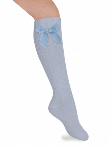 Calcetines altos canalé con lazo de terciopelo largo Azul Bebe Babyblue