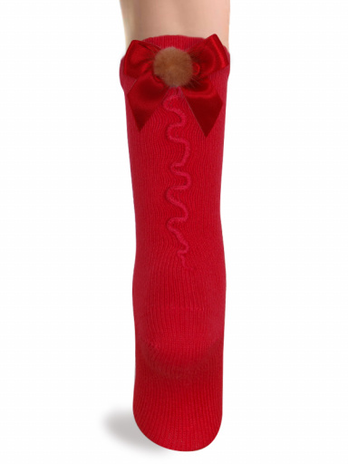 Calcetines altos con costura trasera y lazo con pompón Rojo Red