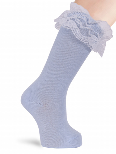 Calcetines altos con puntilla blanca Azul Bebe Babyblue