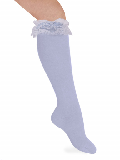 Calcetines altos con puntilla blanca Azul Bebe Babyblue