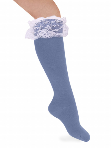 Calcetines altos con puntilla blanca Azul Francia Bluefrance