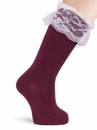 Calcetines altos con puntilla blanca Granate Maroon