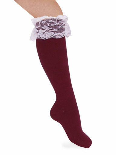 Calcetines altos con puntilla blanca Granate Maroon