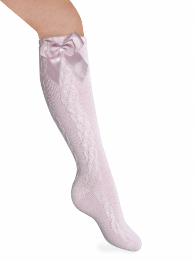 Calcetines altos labrados con lazo de raso doble Rosa Pink