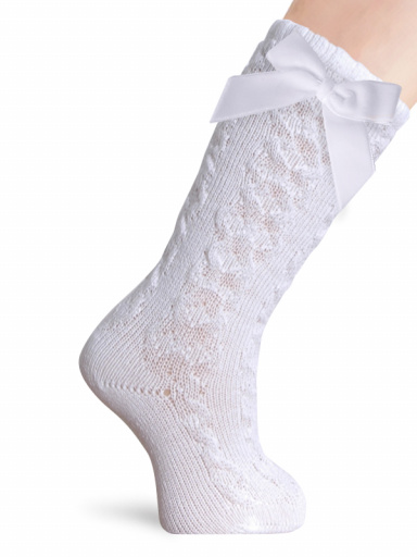 Calcetines altos labrados con lazo de terciopelo largo Blanco White