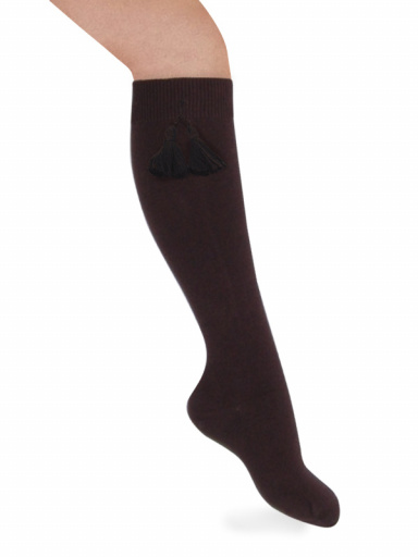 Calcetines altos lisos con borlas Marrón Brown