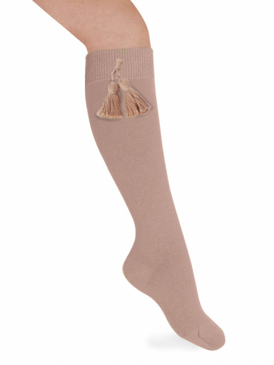 Calcetines altos lisos con borlas Haya Peanut
