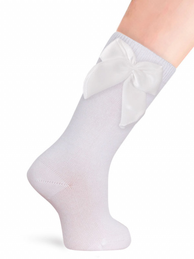 Calcetines altos lisos con lazo de raso con volumen Blanco White