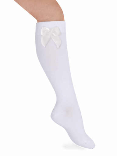 Calcetines altos lisos con lazo de raso con volumen Blanco White